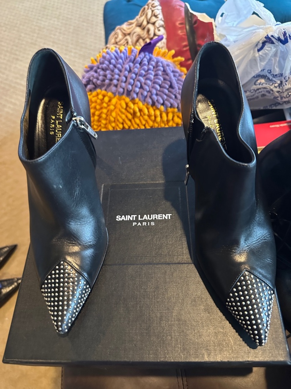Saint Laurent Black Leather Studded Pointed Toe Booties